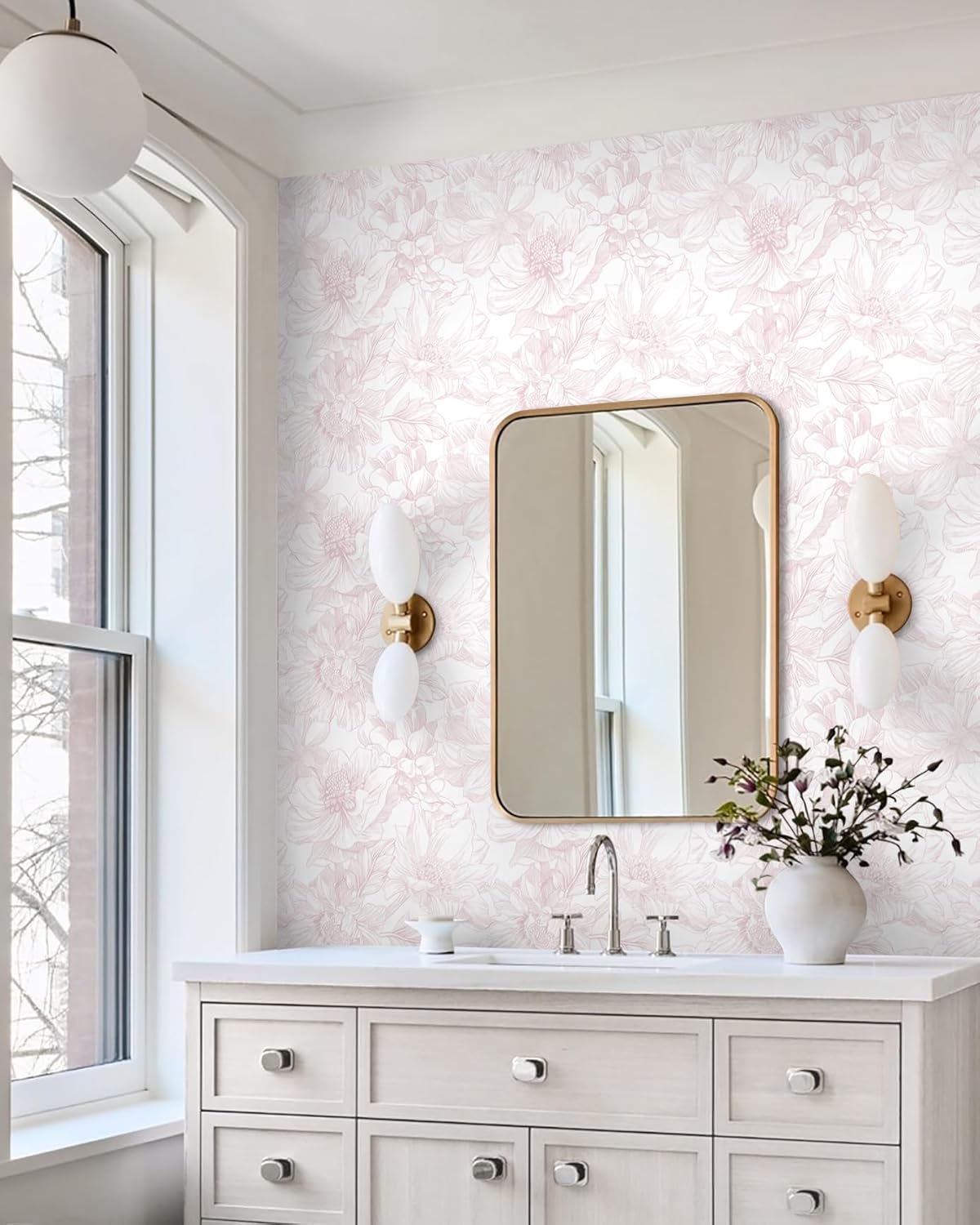 Dimoon 393"x17.3" Peel and Stick Wallpaper Floral Contact Paper Boho White Pink Flower Wallpaper Removable Wall Paper Self Adhesive Modern for Cabinets Drawers Bedroom Thicken Vinyl - Image 4