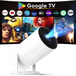 [ Built-in Google TV & Voice Control] WISHOLY Mini Projector with WiFi and Bluetooth, Built-in Streaming Apps, Portable Movie Projector 4K with 180° Rotatable for Outdoor, Home Theater, Movie Night
