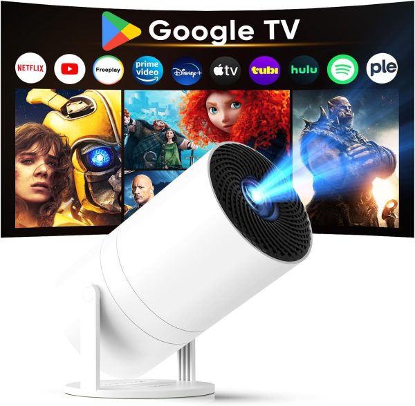 [ Built-in Google TV & Voice Control] WISHOLY Mini Projector with WiFi and Bluetooth, Built-in Streaming Apps, Portable Movie Projector 4K with 180° Rotatable for Outdoor, Home Theater, Movie Night