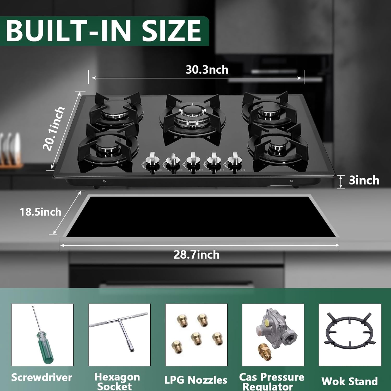 Gas Cooktop 30 Inch, Built-in Tempered Glass Gas Stovetop 5 High Efficiency Burners Gas Stove Top Propane/Natural Gas Convertible Gas Hob (Black) - Image 5