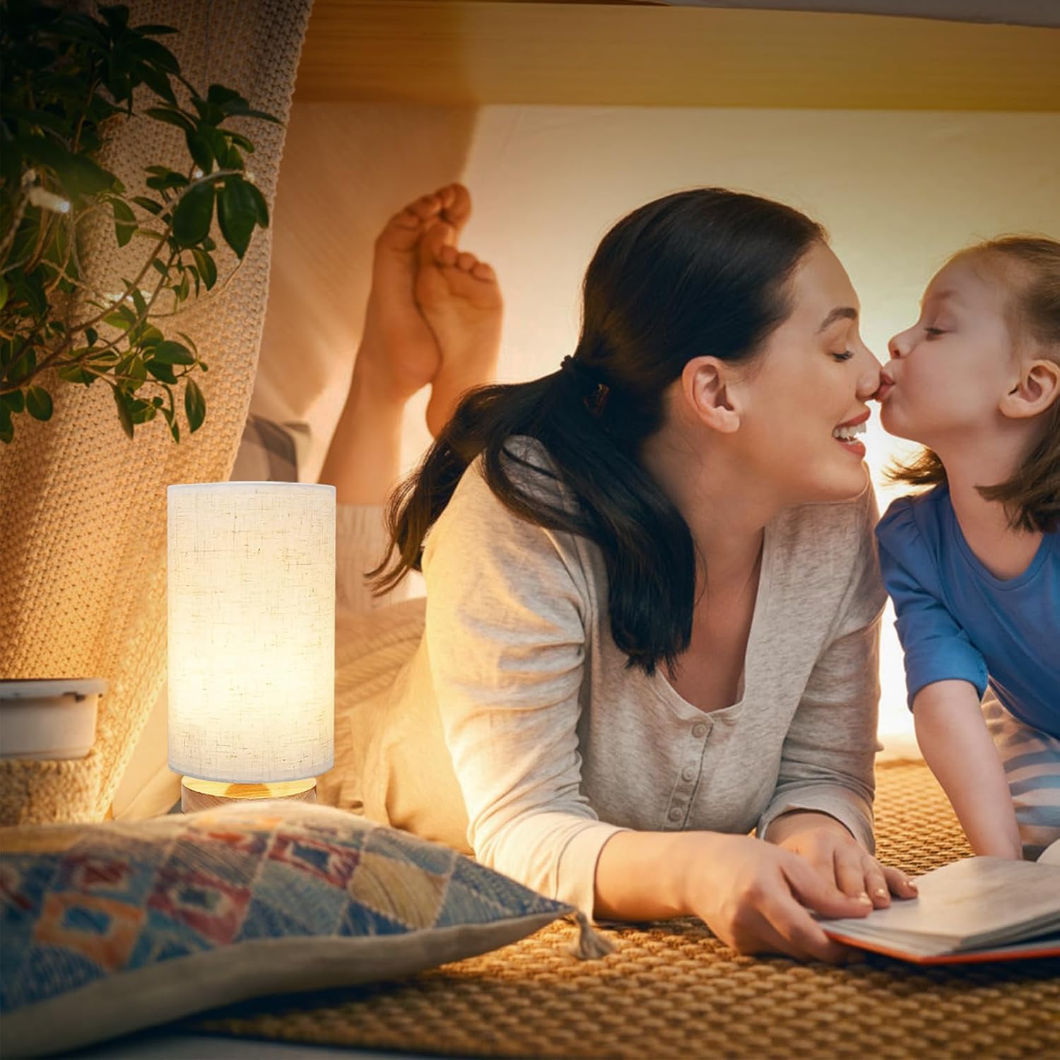 Small Bedside Table Lamp for Bedroom, Minimalist Wood Base & Round Fabric Shade, Mini Cute Cozy Warm White Nightstand Boho Lamp, Study Desk Night Stand Light for Room, Dorm, Nursery, Living Room - Image 2