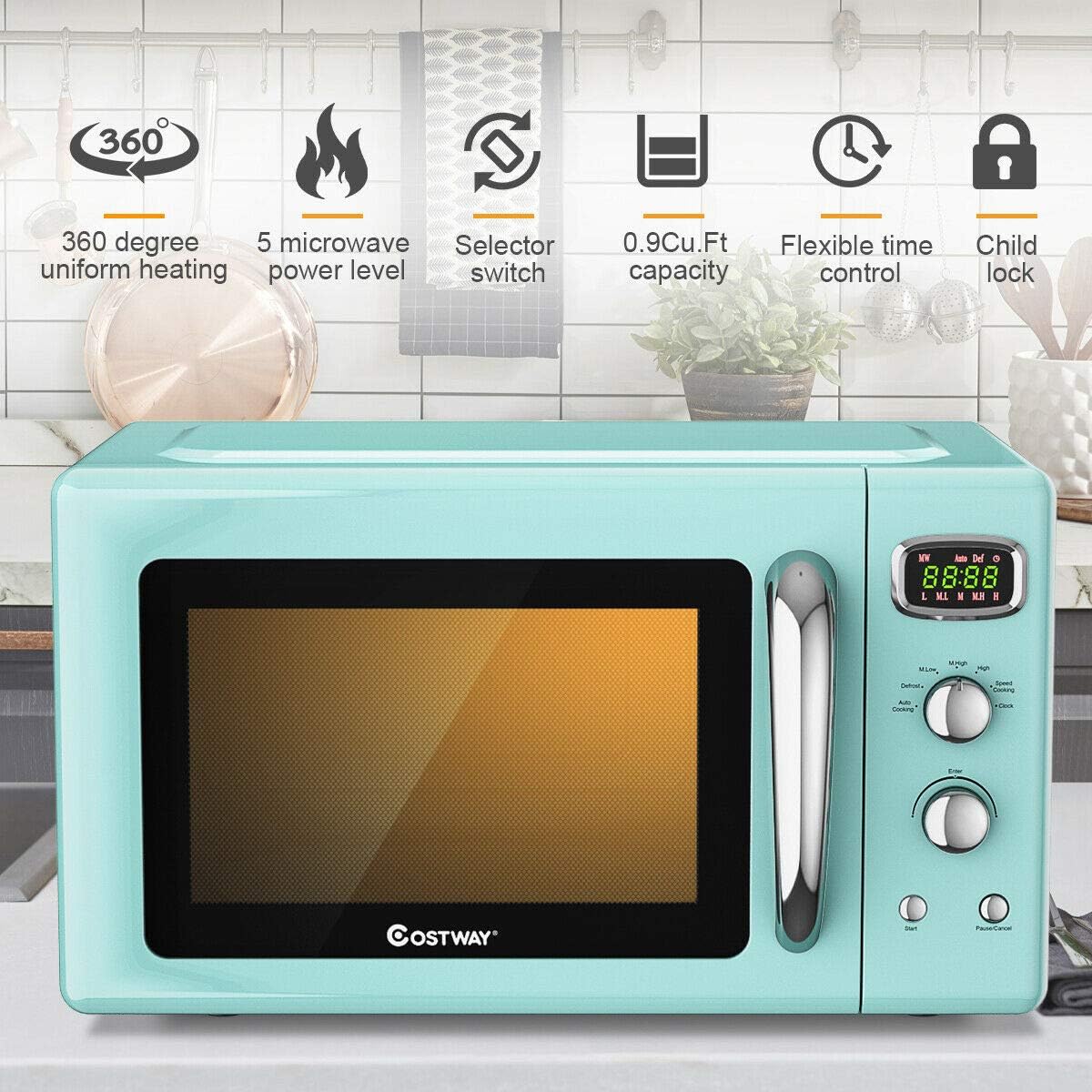 COSTWAY Retro Countertop Microwave Oven, 0.9Cu.ft, 900W Microwave Oven, with 5 Micro Power, Defrost & Auto Cooking Function, LED Display, Glass Turntable and Viewing Window, Child Lock - Image 2