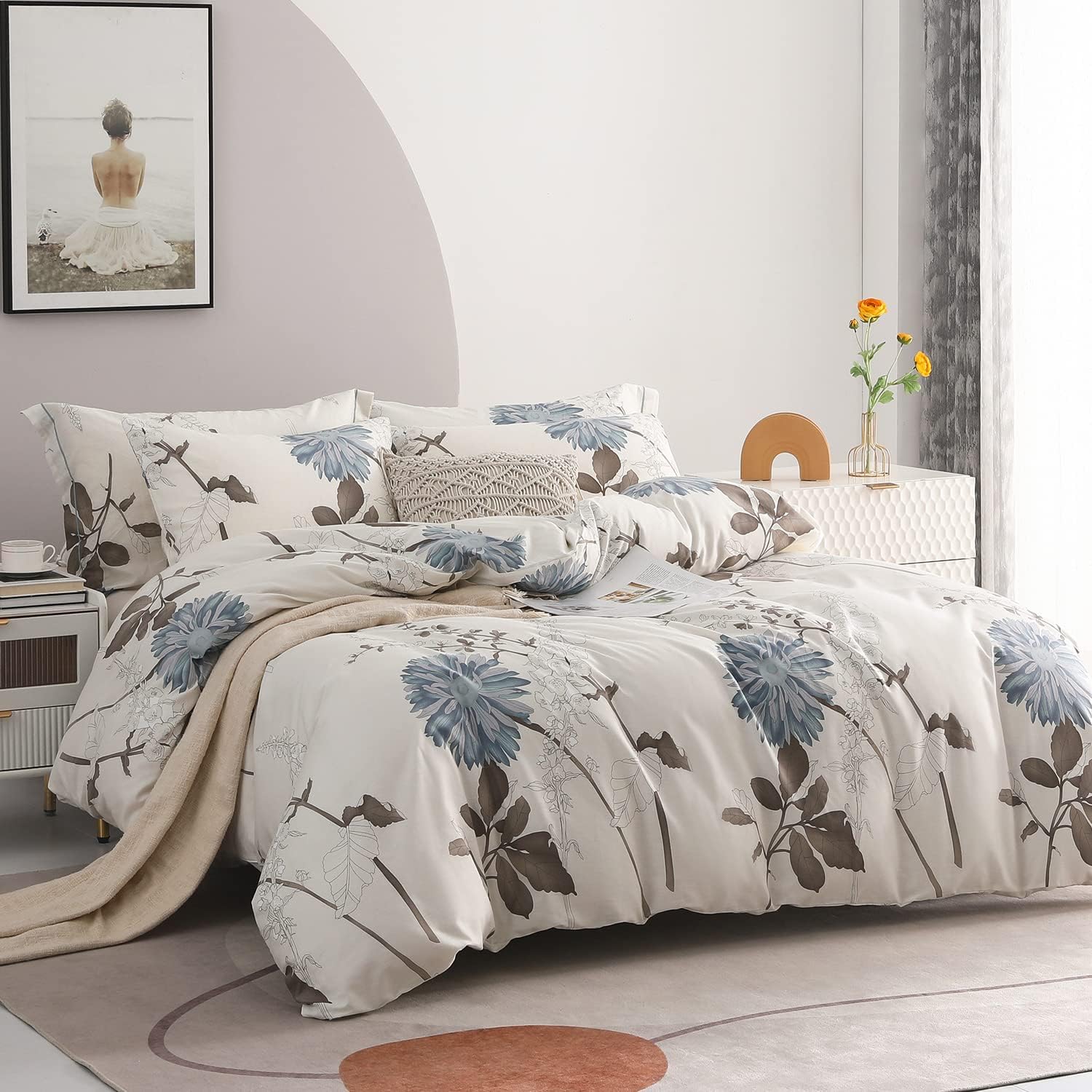 SLEEPBELLA Comforter King Size, 600 Thread Count Cotton Brown Branches and Blue Flowers Off-White Comforter Sets, Down Alternative Bedding Set 3Pcs(King, Off-White Botanical) - Image 2
