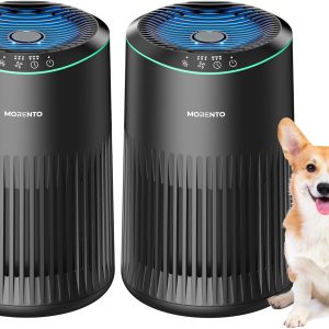 Air Purifiers for Bedroom Home with Sleep Mode for Smoke Pet Dander Odors, Small Air Purifier with Fragrance Sponge, Blue Ambient Light, 23dB Quiet, 2 Pack Black