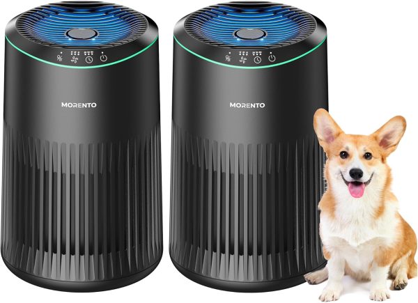 Air Purifiers for Bedroom Home with Sleep Mode for Smoke Pet Dander Odors, Small Air Purifier with Fragrance Sponge, Blue Ambient Light, 23dB Quiet, 2 Pack Black