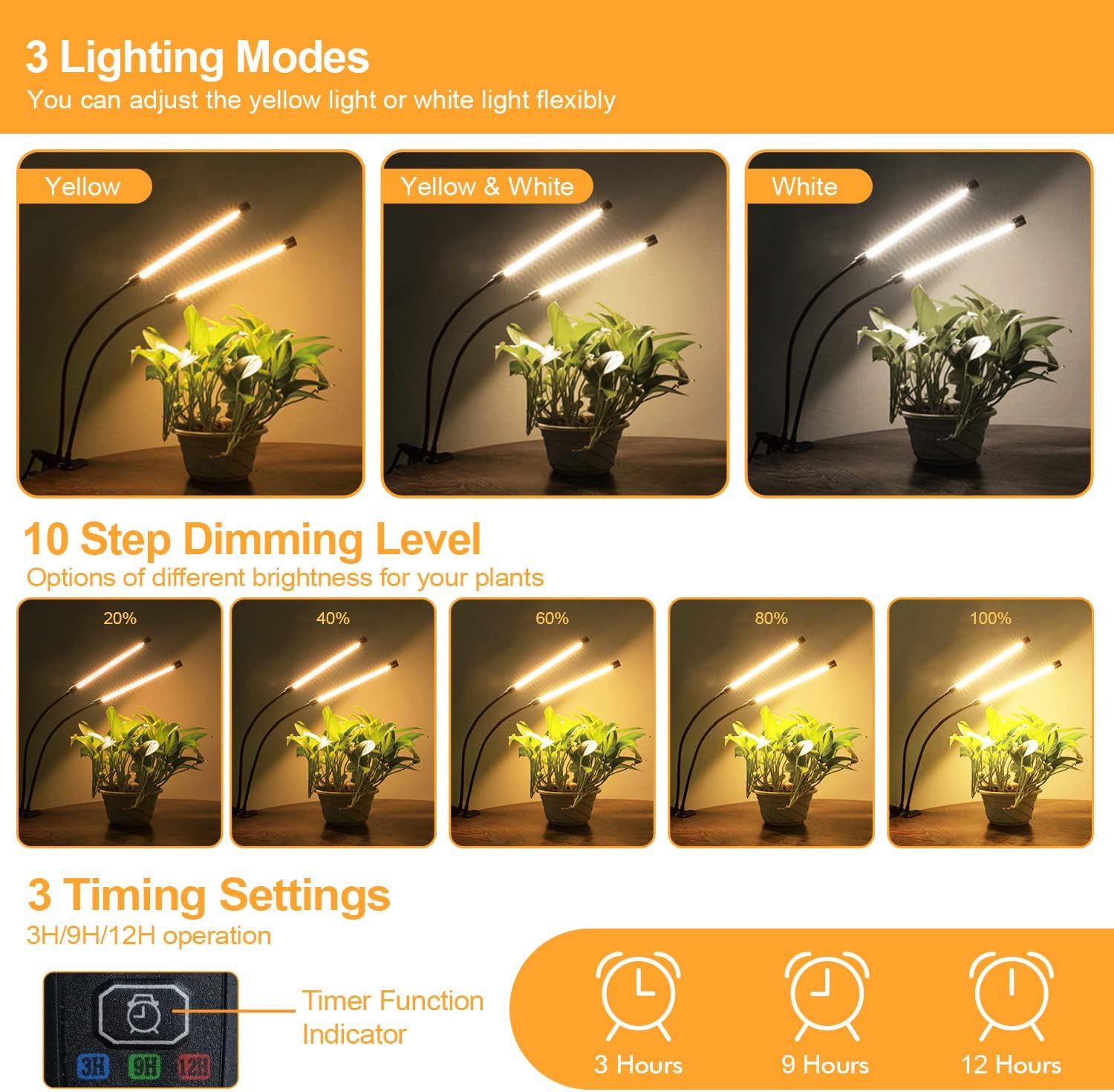 bseah Grow Light Plant Lights for Indoor Plants, Full Spectrum Plant Grow Lamp, 10 Dimmable Levels Auto ON & Off with 3/9/12H Timer - Image 2