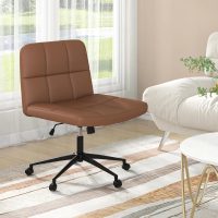 Giantex Criss Cross Chair with Wheels, PU Leather Cross Legged Office Chair, Height-Adjustable Swivel Vanity Chair with U-Shaped Seat, Armless Wide Desk Chair for Home, Office, Make Up, Brown - Image 2
