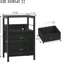 Furologee Nightstands Set 2, Night Stand with 2 Fabric Drawers, Bedside Tables with Open Shelf, Wooden Top, Hooks, Backboard Design, Metal Frame, End Tables for Bedroom/Living Room/Study/Black Oak - Image 3
