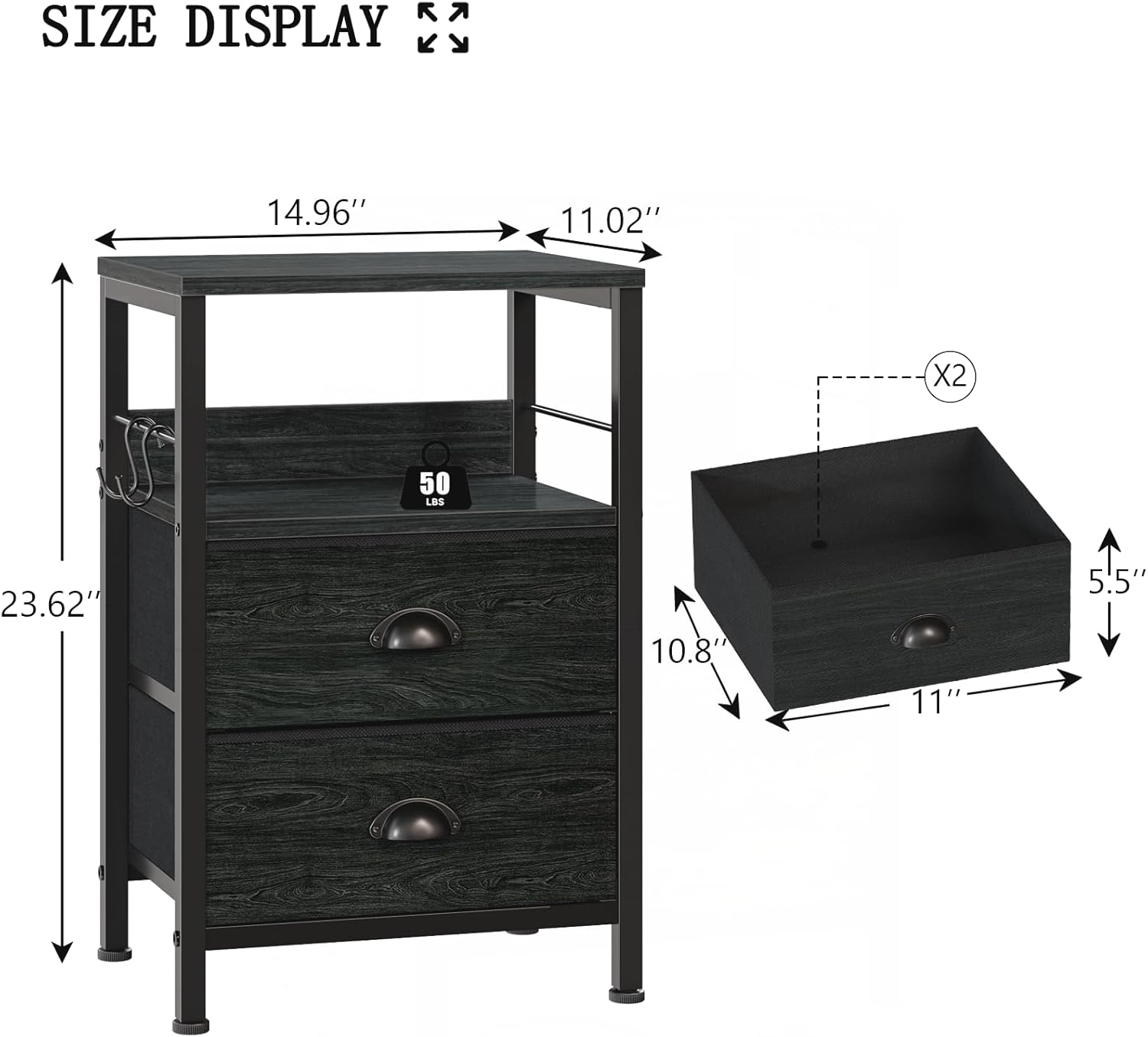 Furologee Nightstands Set 2, Night Stand with 2 Fabric Drawers, Bedside Tables with Open Shelf, Wooden Top, Hooks, Backboard Design, Metal Frame, End Tables for Bedroom/Living Room/Study/Black Oak - Image 3