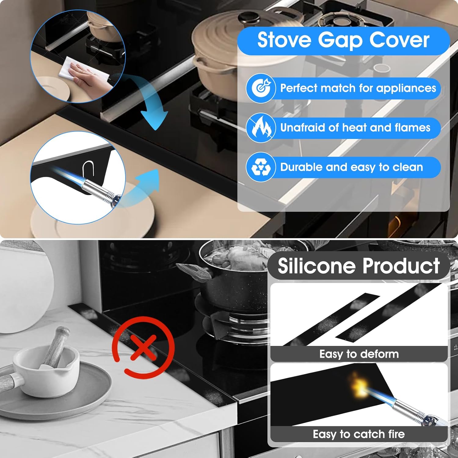 Stainless Steel Stove Gap Covers Filler (2 Pcs), Stove Guard for Kitchen Oven Counter Side Gap, Heat Resistant and Easy to Clean, Easy Retractable Length 13.8" to 27.5" Width 0.79”, (Black) - Image 3