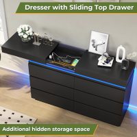 DICTAC Modern 6 Drawer Dresser with Sliding Desktop, Wide Chest of Drawers with Charging Station & LED Lights, Large Storage Tower Clothes Organizer, Black Dresser for Bedroom - Image 4
