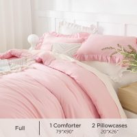 Andency Pink Comforter Set Full, 3 Pieces Lightweight Soft Rustic Pink Ruffle Comforter Women Girls, Solid Farmhouse Shabby Chic Microfiber Bedding Comforter Set - Image 5