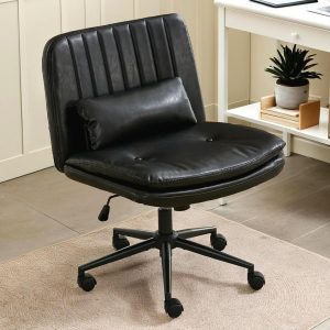 Criss Cross Chair with Wheels, PU Leather Armless Cross Legged Office Desk Chair, Adjustable Swivel Computer Task Vanity Chair with Lumbar Pillow for Home Office, Small Spaces (Black)