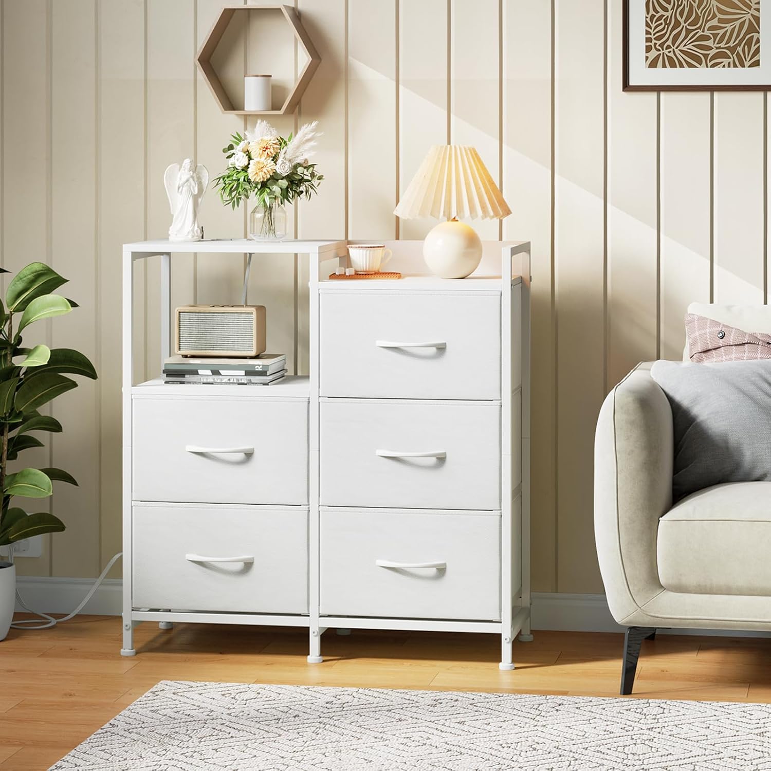 Somdot White Nightstand with Charging Station and LED Light, Wide 5 Drawers Dresser for Bedroom with Fabric Bins and Open Shelf for Bedroom Kids Closet Dorm Guest Room, White Leather - Image 2