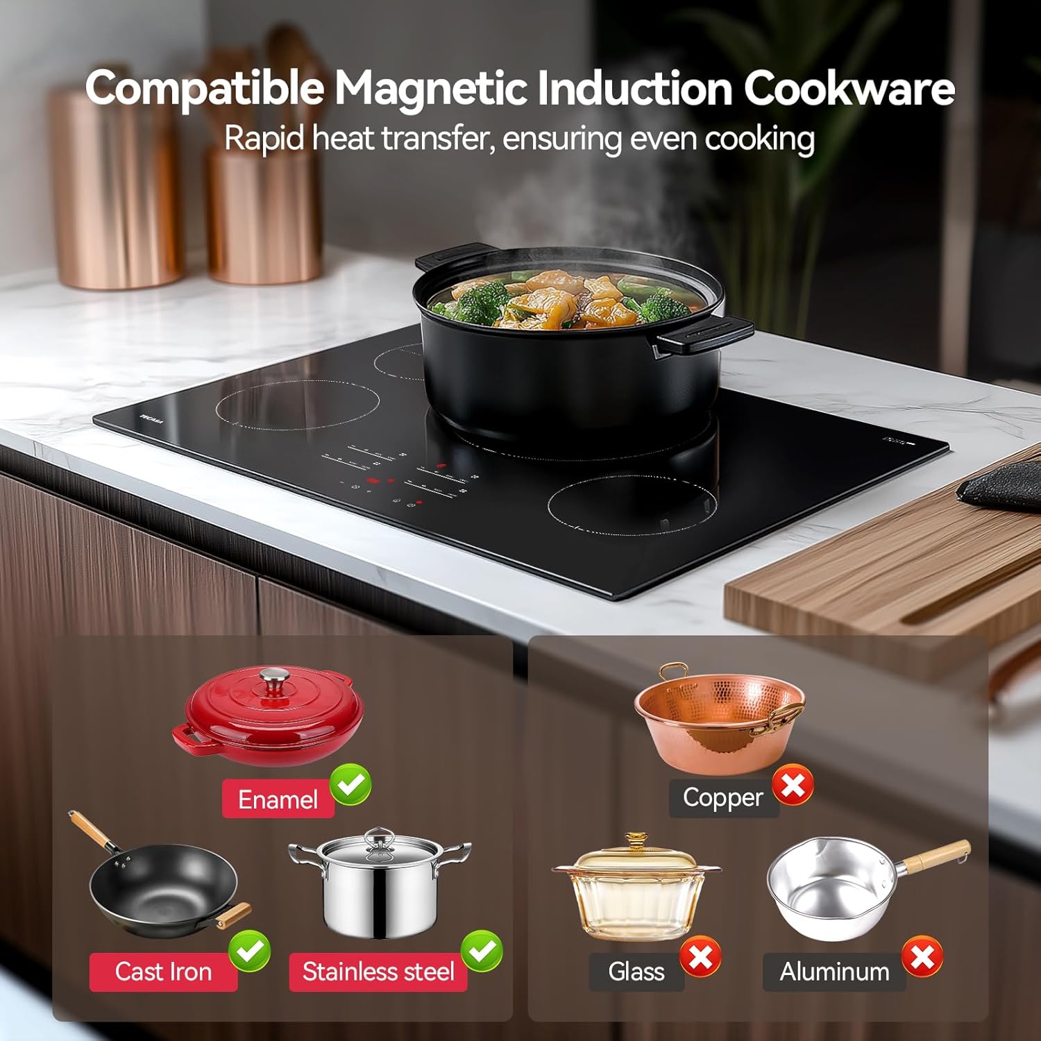 30 Inch Induction Cooktop 7400W, TECASA Built-in Induction Stovetop with 4 Boost Burner, Timer & Child Safety Lock, 9 Heating Level, Sensor Touch Control, 240V, Drop-in Electric Stove Top - Image 3