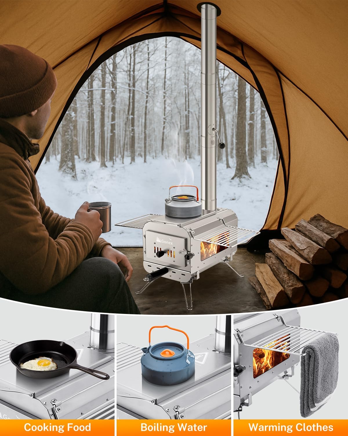 Gonex Hot Tent Stove, Portable Wood Burning Camping Stove with Ash Drawer & Large Firebox for Tent, Outdoor, Heating, Cooking, Ice Fishing - Image 8