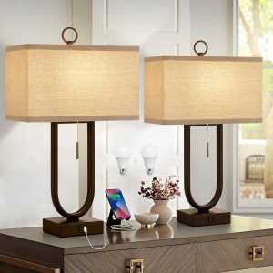 Luvkczc Bedside Lamps Set of 2, 24'' Tall Table Lamps for Night Stands with USB C+A Ports, 3000K LED Bulbs - Modern Desk Lamp for Bedroom, Living Room, Office, Beige Lampshade