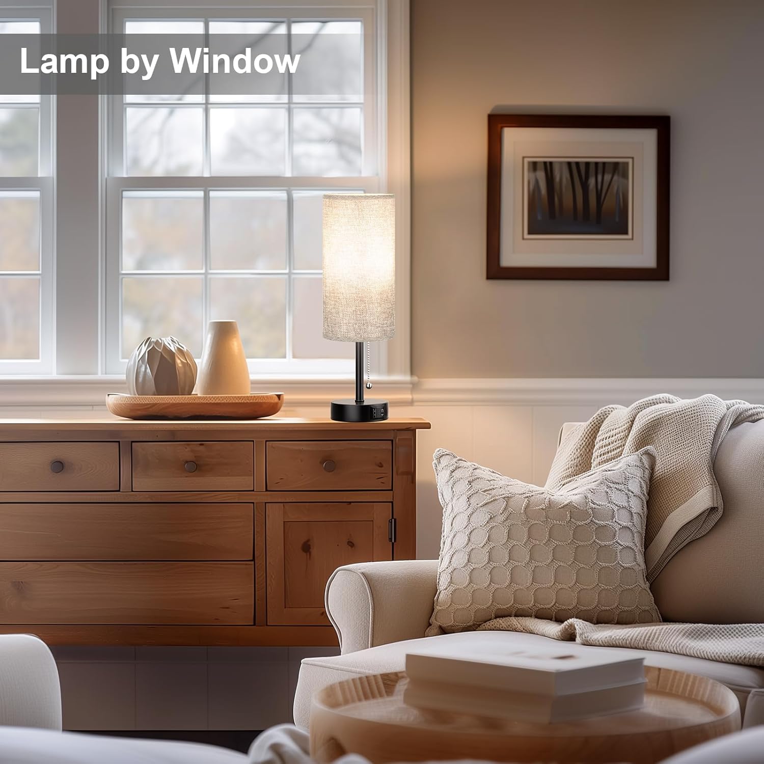 Grey Bedside Lamp for Bedroom Nightstand - Small Table Lamp with USB A + C Charging Port, 3 Color Temperatures Pull Chain Night Stand Light with Bulb, Side Table Desk Reading Lamp for Living Room/Dorm - Image 5