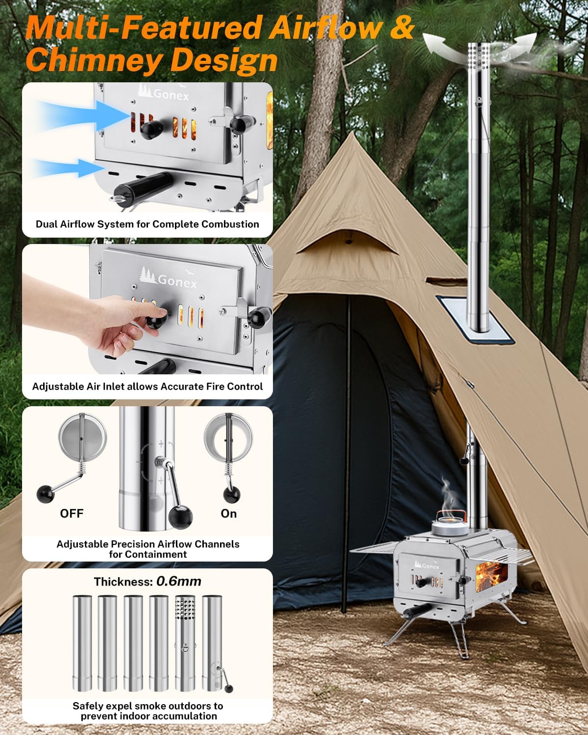 Gonex Hot Tent Stove, Portable Wood Burning Camping Stove with Ash Drawer & Large Firebox for Tent, Outdoor, Heating, Cooking, Ice Fishing - Image 3