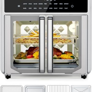 Kitchen Elite Air Fryer French Door Oven,15.8 Qt Toaster Oven Countertop Combo,18 Presets & 1 Preheat & Light, Airfryer Basket,Wire Rack,Baking Pan,Crumb Tray,Compact Design,Stainless Steel,Small