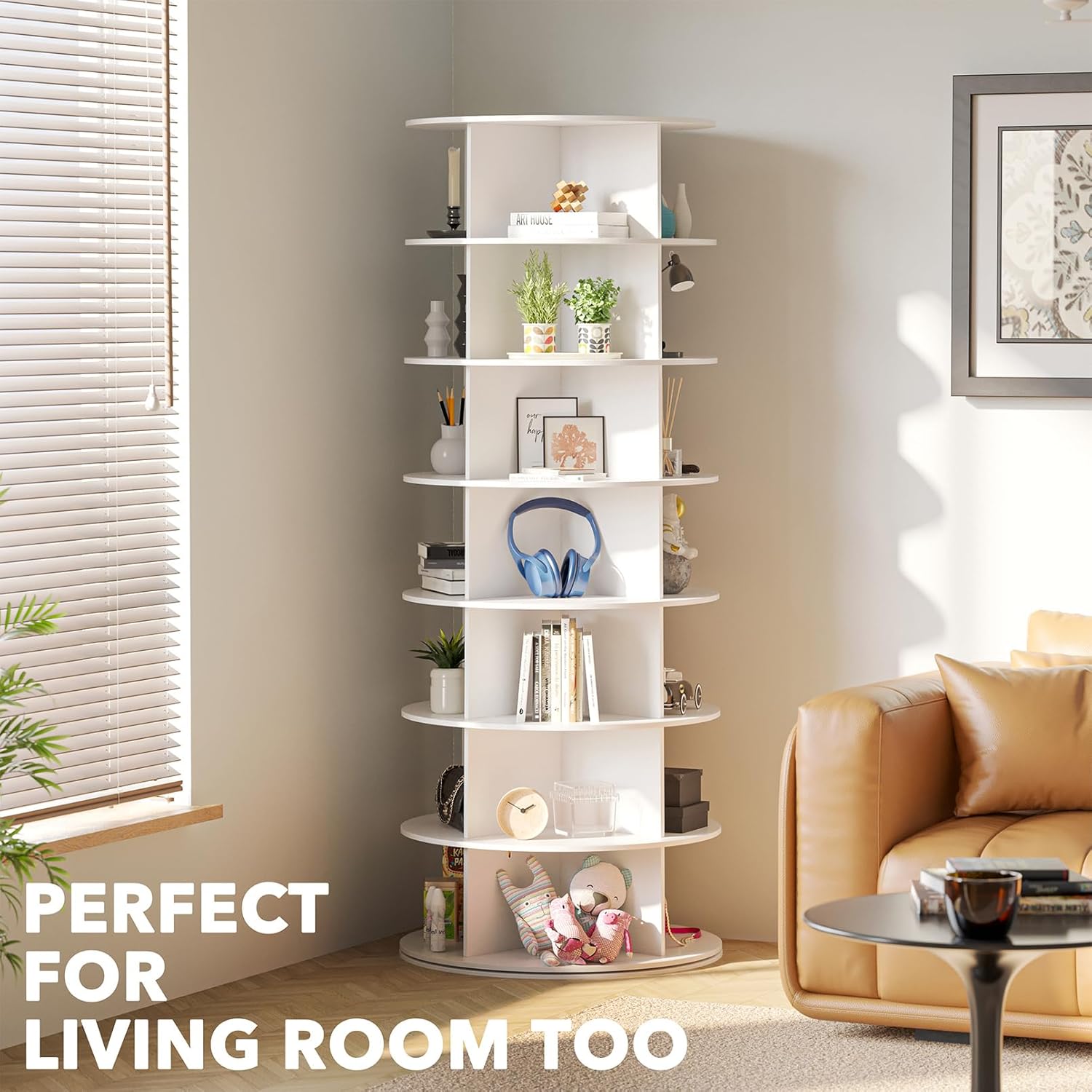 SpaceAid 7 Tier Rotating Shoe Rack Tower, Spinning Shoe Display Lazy Susan, Revolving 360 Shoe Rack Storage Round Carousel, Vertical Handbag Rotate Shoes Closet Organization (7-Tier White) - Image 6