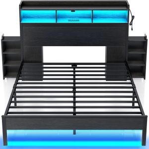 Rolanstar Bed Frame Queen Size with Bookcase Storage Headboard, Slide Out Bedside Storage, Bed with Charging Station & LED Lights, Heavy Duty Metal Slats, No Box Spring Needed, Noise Free, Black