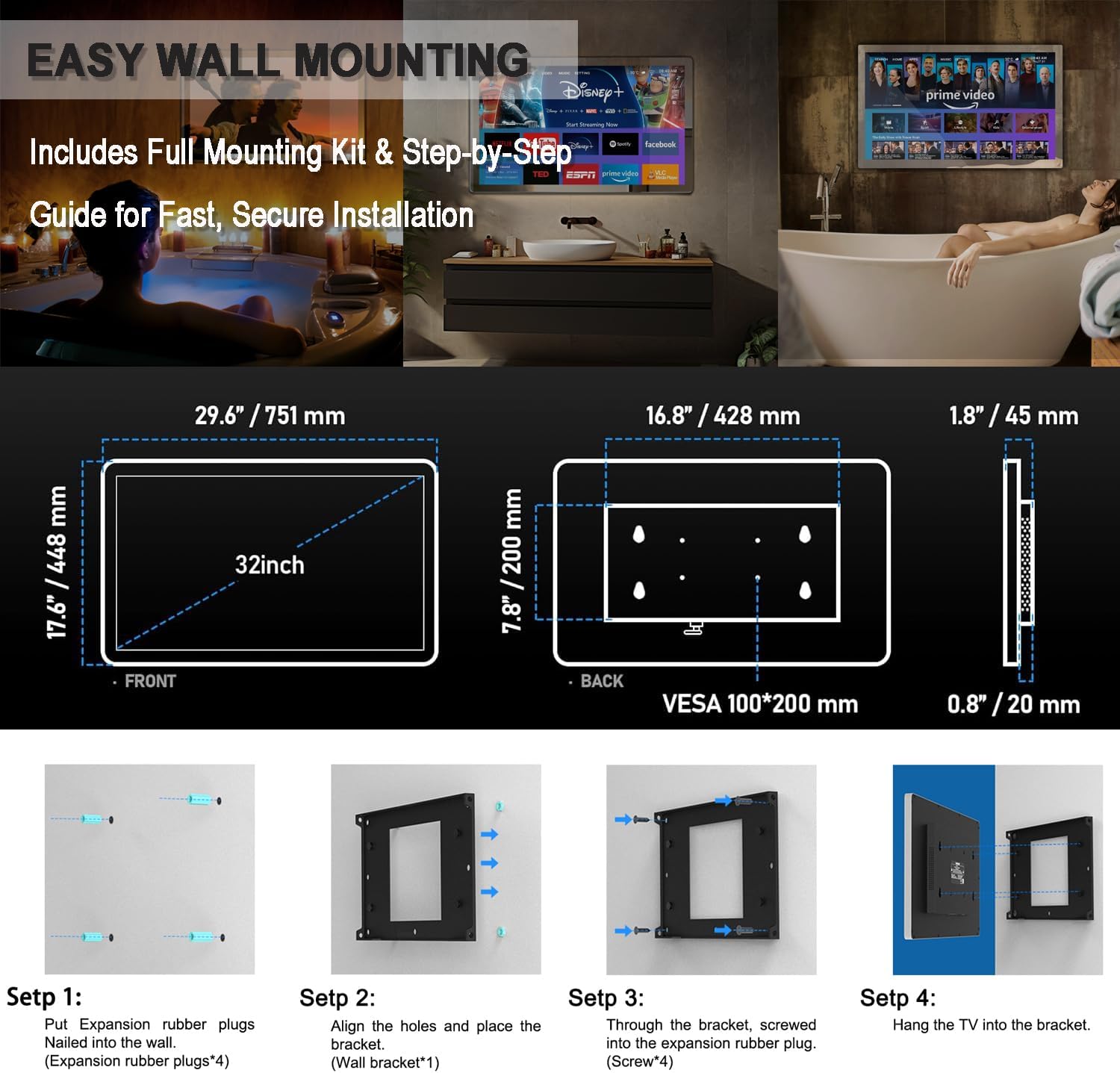 Haocrown 32" 4K Ultra HD Smart Bathroom Mirror TV, IP66 Waterproof, Android 13 System with Voice Remote for Google Assistant ATSC Tuner, 500 cd/㎡ High Brightness (Black Frame, 2025 Model) - Image 9