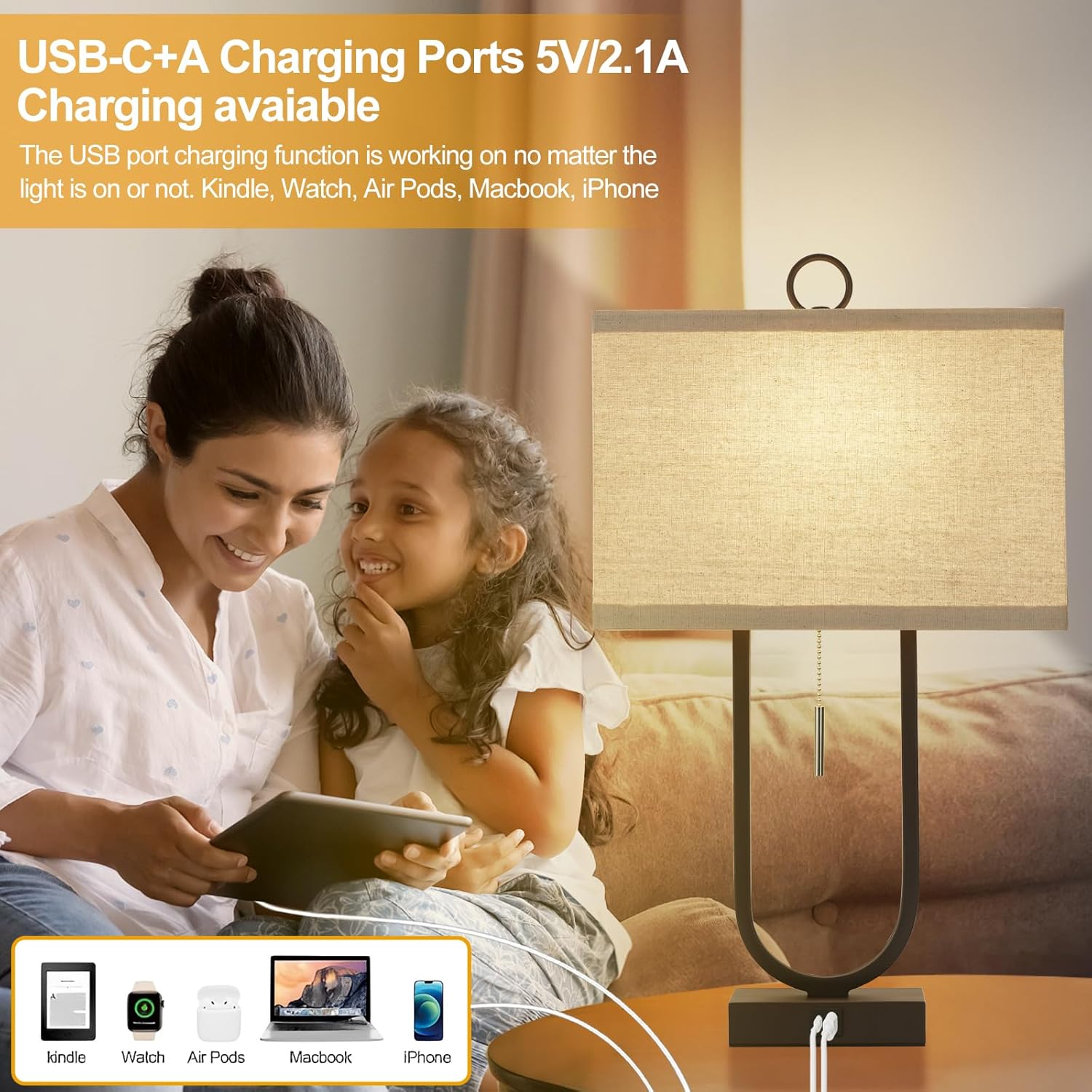Luvkczc Bedside Lamps Set of 2, 24'' Tall Table Lamps for Night Stands with USB C+A Ports, 3000K LED Bulbs - Modern Desk Lamp for Bedroom, Living Room, Office, Beige Lampshade - Image 8