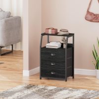 Furnulem Black Night Stand, Small Dresser for Bedroom, Nightstand with 3 Fabric Storage Drawers and 2-Tier Shelf, End Table Side Furniture for Closet, Hallway, Nursery, Sturdy Steel Frame, Wood Top - Image 5