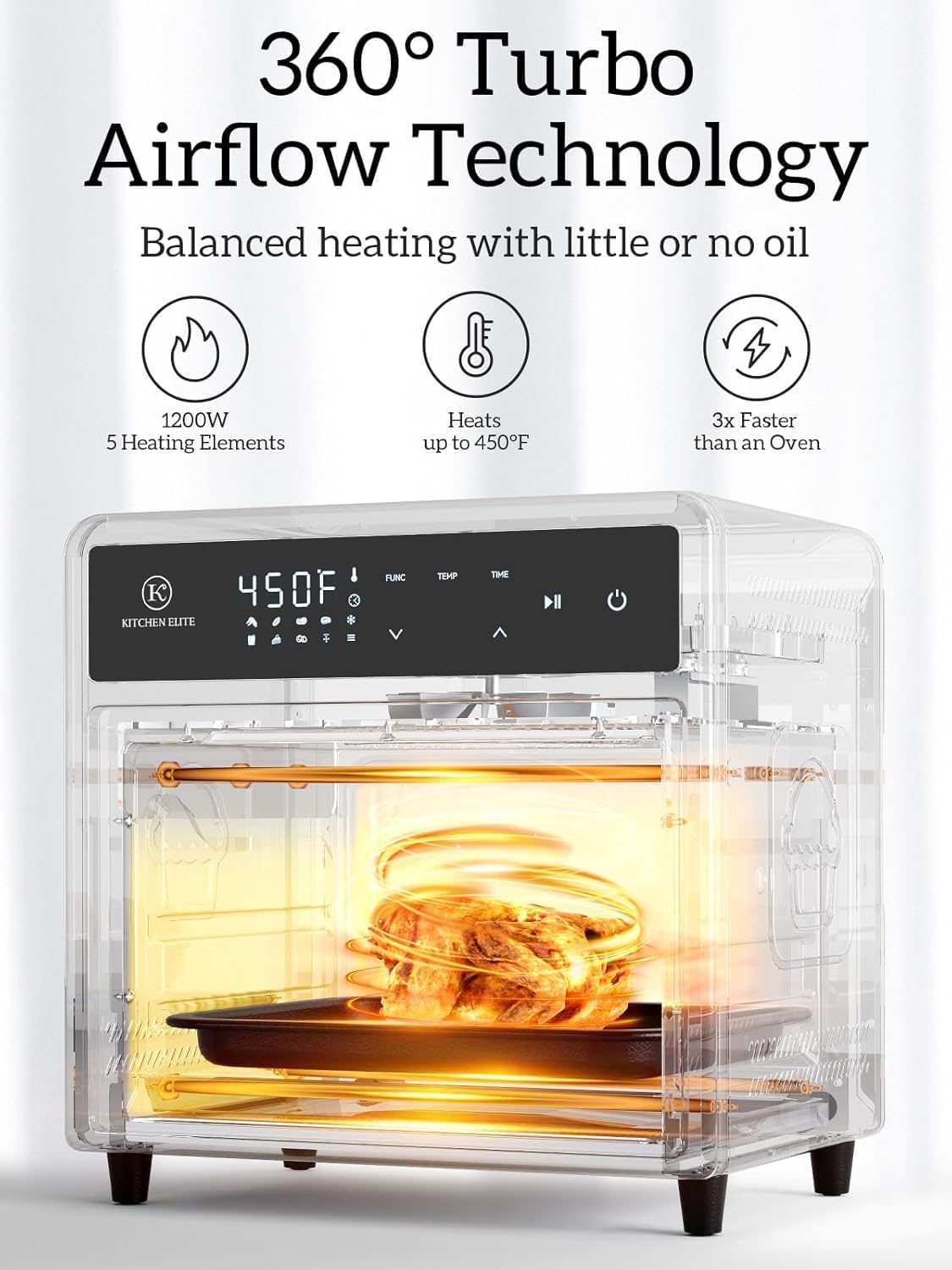 Kitchen Elite Air Fryer Toaster Oven Combo, 12.6 QT Stainless Steel Airfryer 10 in 1, Convection Oven Countertop 450°F, Non-Toxic for Bake, Roast, Reheat, Broiler, Dehydrate with Digital Touch Screen - Image 3