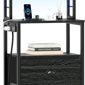 Furologee 40'' Tall Nightstand with Charging Station, Bedside Table with LED Lights, End Table with 2 Drawers and Storage Shelves, Night Stand with Pegboard for Bedroom, Black Oak