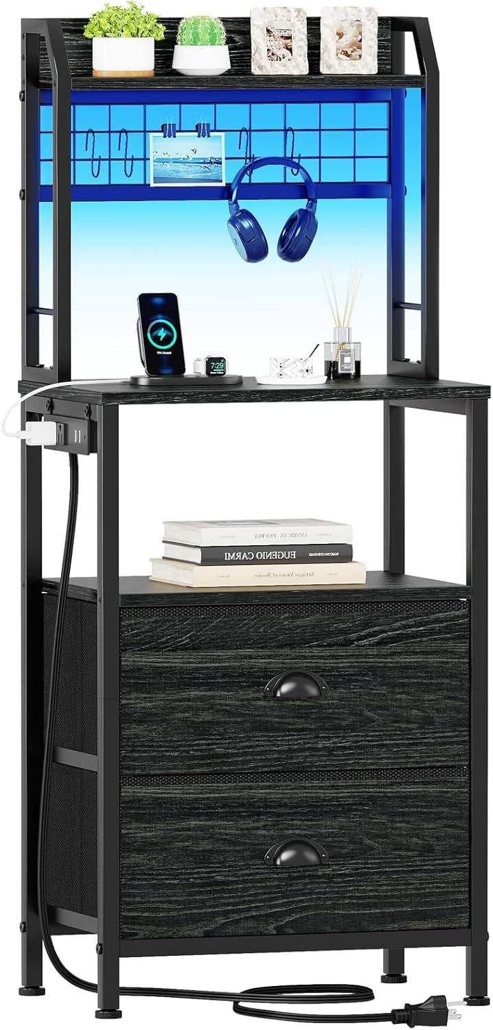 Furologee 40'' Tall Nightstand with Charging Station, Bedside Table with LED Lights, End Table with 2 Drawers and Storage Shelves, Night Stand with Pegboard for Bedroom, Black Oak