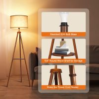 OUTON Wood Tripod Floor Lamp with Shelves, Mid Century LED Modern Dimmable Floor Lamp with Remote Control, Sturdy Tall Standing Lamp with Beige Linen Texture Shade for Living Room, Bedroom, Office - Image 3