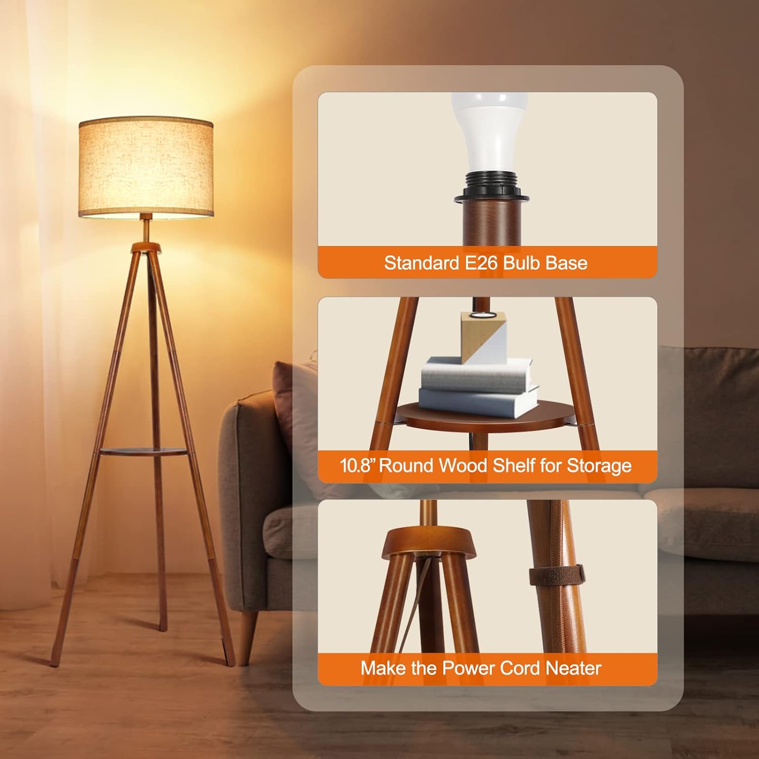 OUTON Wood Tripod Floor Lamp with Shelves, Mid Century LED Modern Dimmable Floor Lamp with Remote Control, Sturdy Tall Standing Lamp with Beige Linen Texture Shade for Living Room, Bedroom, Office - Image 3