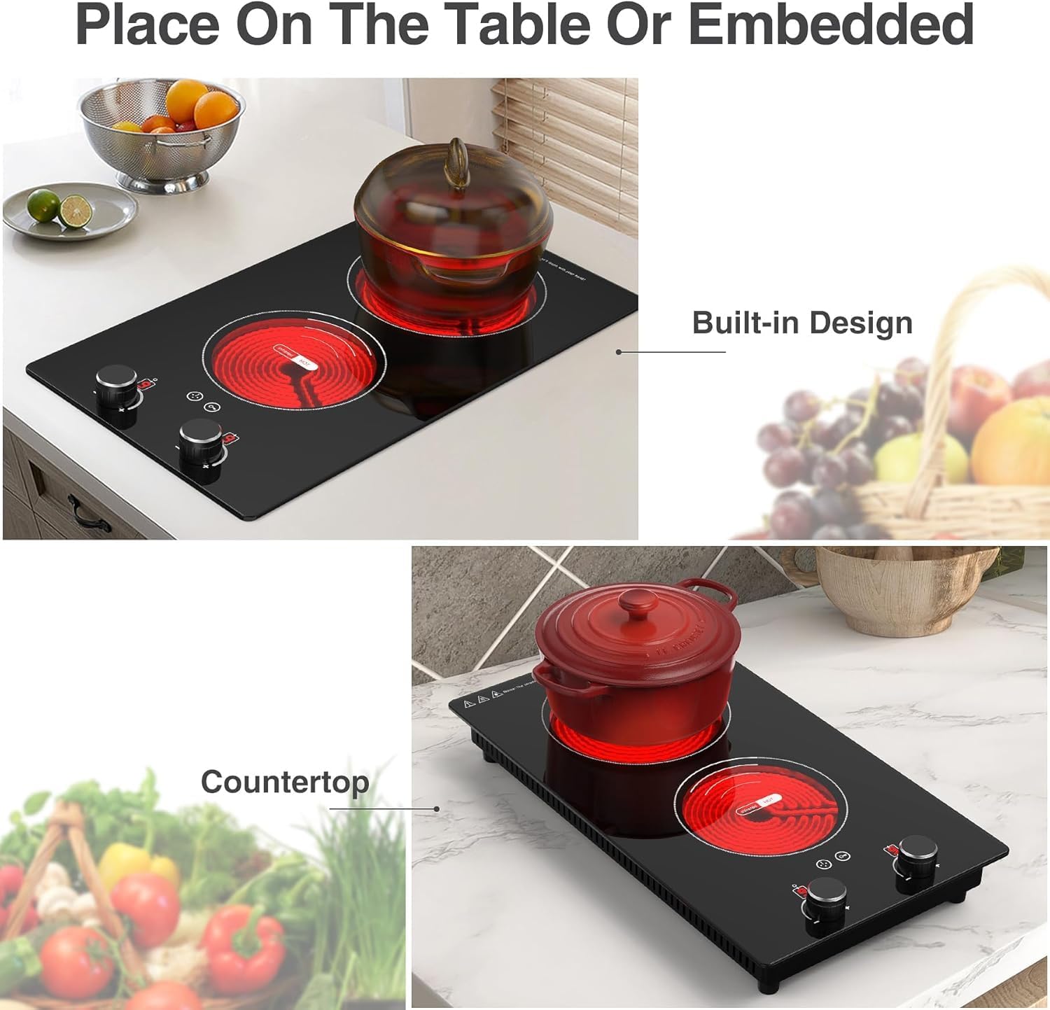 VBGK Electric Cooktop,110V 2400W Electric Stove Top with Knob Control,9 Power Levels, Kids Lock & Timer,LED touch control,Overheat Protection Electric stove,24 Inch desktop 2 burner - Image 5