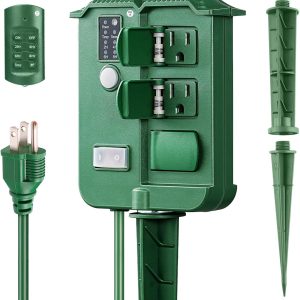 Outdoor Light Timer Waterproof, Dusk to Dawn Power Stake Timer Remote Control, 6 Grounded Electrical Outlets Timer for Outdoor Christmas Lights, Yard, Garden, Backyard, Halloween Decoration,13A