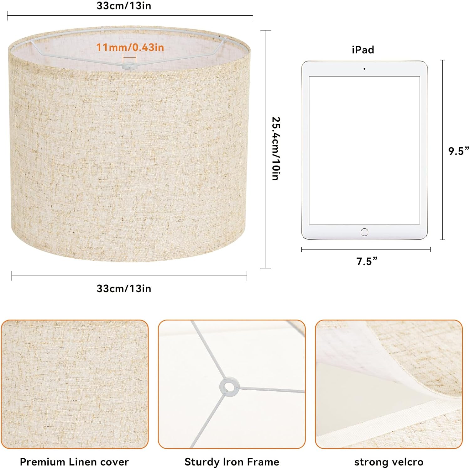 Beige Lamp shades Set of 2, Large Linen Drum Lampshades, 13" Top x 13" Bottom x 10" High Lamp Shade, Replacement Lampshades for Table and Floor Lamps, Pendant Light, Handcrafted, Easy Assembly - Image 3