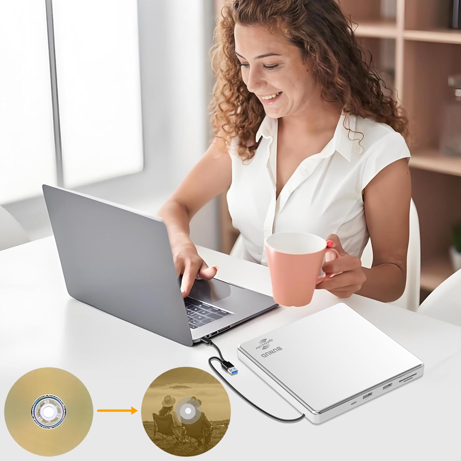 BUNUD LightScribe DVD Burner for Laptop: External Portable USB C CD/DVD Drive Compatible with Mac Windows Linux for Disc Labeling Wedding Photos with SD/TF/2 USB Ports Plug & Play(Silver) - Image 9