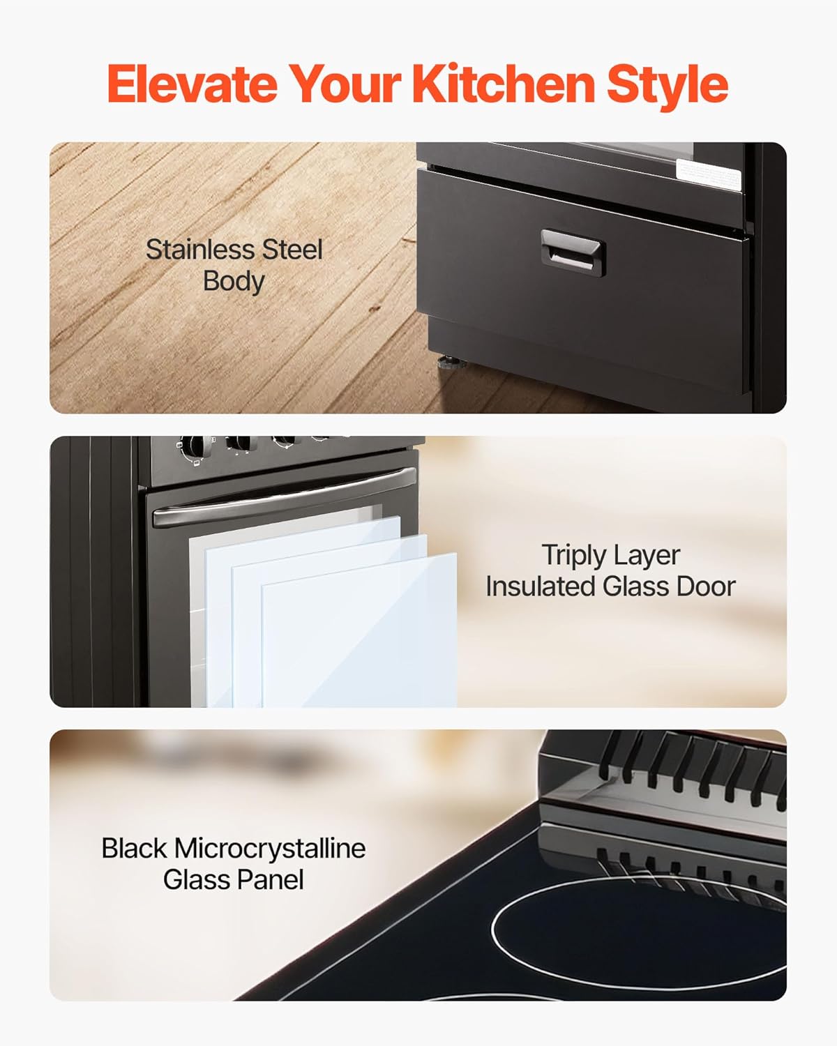 VEVOR 24in Electric Range Oven, 2.7Cu. Ft. Capacity Compact Freestanding Oven, Stainless Steel Kitchen Stove, with 4 Burners, Easy Reach Racks, Storage Drawer, Drip Pan, Indicator Light(No Power Cord) - Image 5