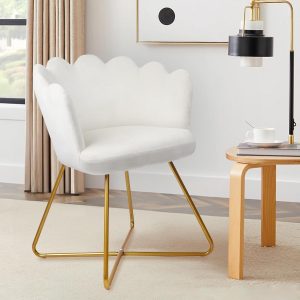 CLATINA Modern Velvet Make Up Vanity Chair, Flower Shaped Back Accent Chair Armchair with Gold Metal Legs, Cute Girl Criss Cross Chair No Wheels for Home Office Bedroom Dressing Living Room, White