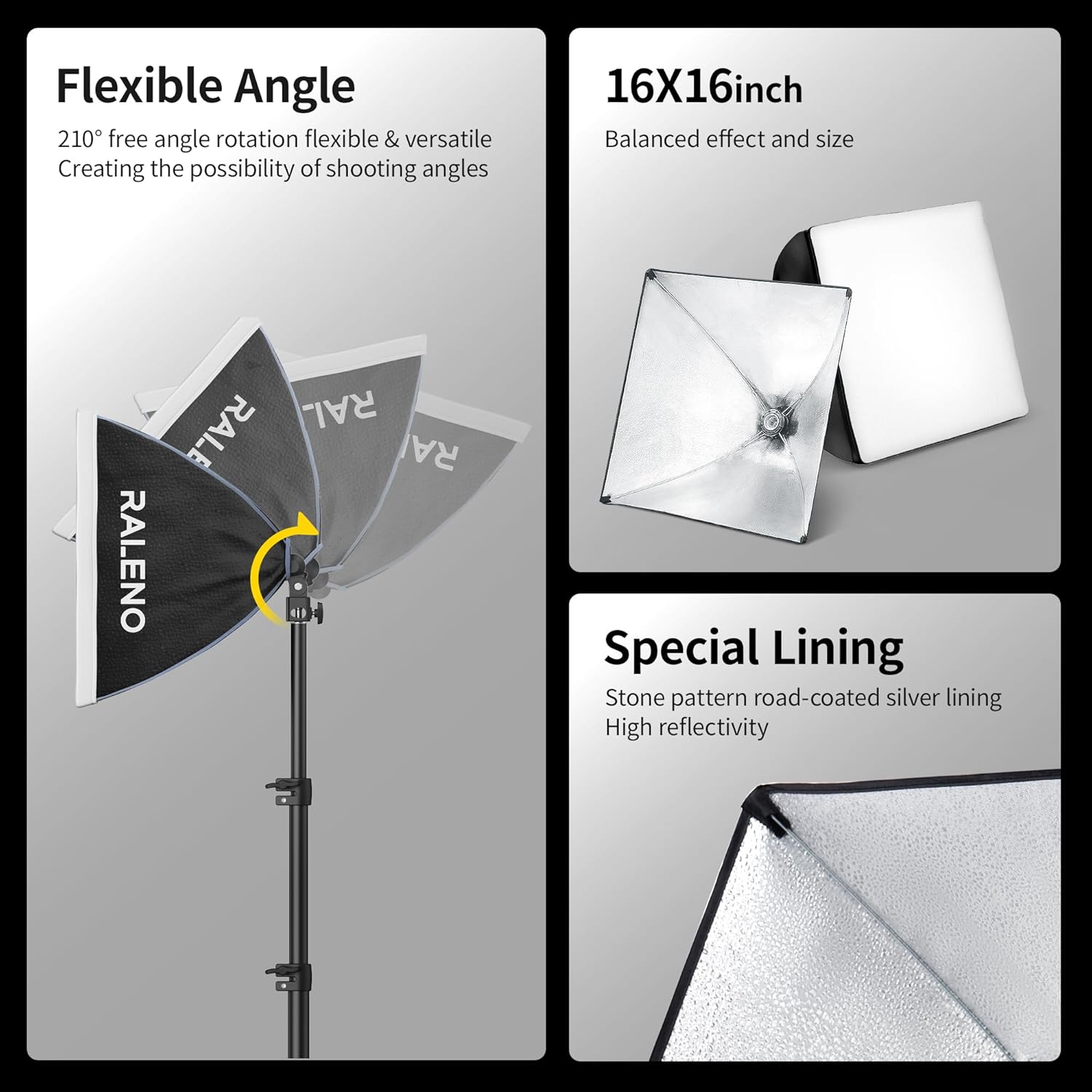 RALENO Softbox Photography Lighting Kit, 16'' x 16'' Softbox Lighting for TikTok with LED Bulb (50W | 5500K | 97 CRI | TLCI≥97), Continuous Light for Video Recording & Photography Shooting - Image 6