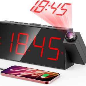 Projection Alarm Clock, Digital Clock with 180° Rotatable Projector, 5-Level Brightness Dimmer, Clear LED Display, USB Charger, Progressive Volume, 9mins Snooze,12/24H, for Bedroom