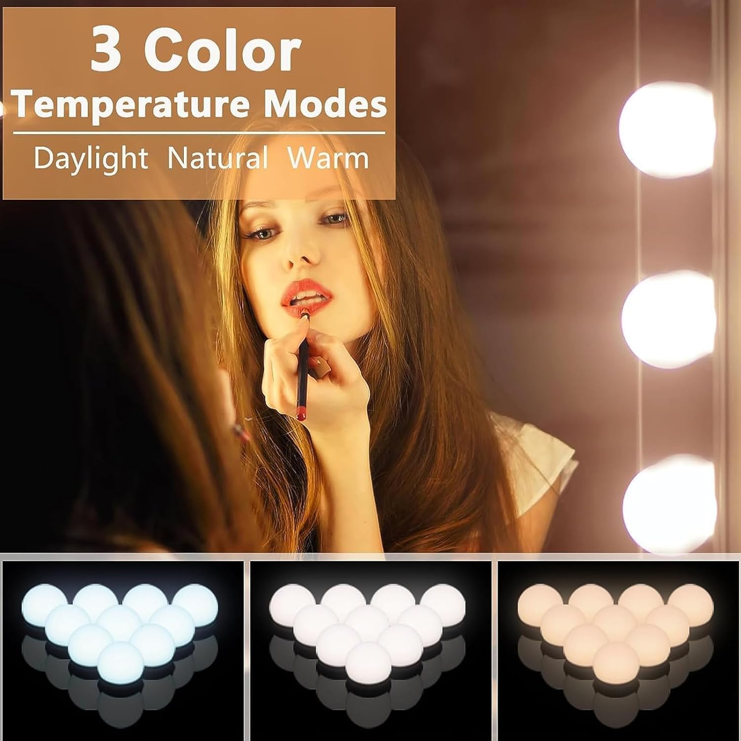 LED Vanity Mirror Lights, Hollywood Style With 14 Dimmable Bulbs, Adjustable Color & Brightness, USB Cable, Stick-on for Makeup Table Dressing Room - Image 3