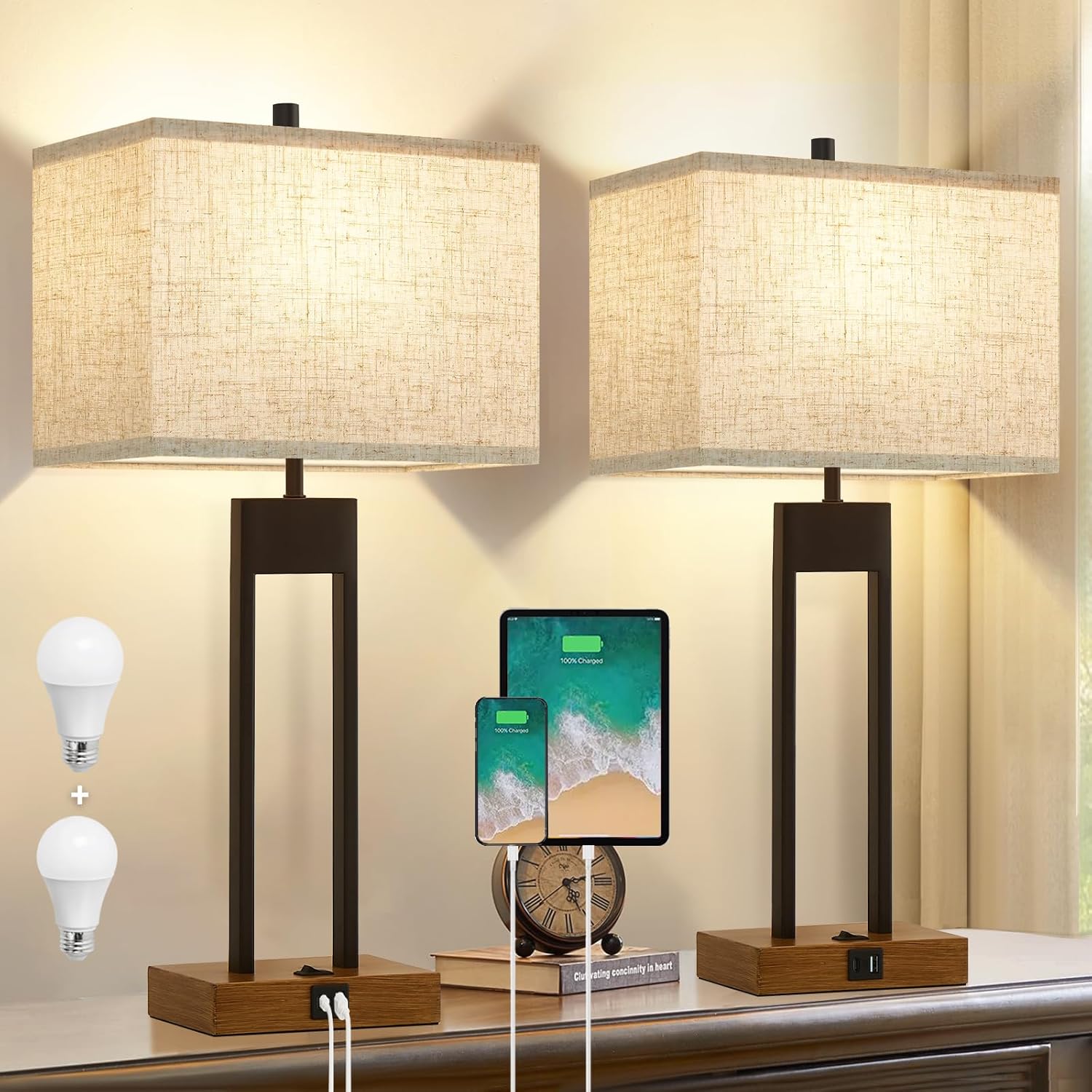 25.5” Set of 2 Modern Bedroom Table Lamps with USB C+A Ports, 3 Color Changeable, Brown Night Stand Lamps for Bedside, Guest Room, Office, Reading