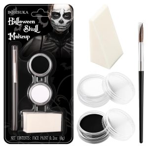 Black and White Face Paint Skeleton Makeup Kit Halloween Character Set for Kids Adults, Safe Non-Toxic Skull/Ghoul Face Painting Kit for Stage, Costume Parties, Dress Up Cosplay & Special FX Make-Up