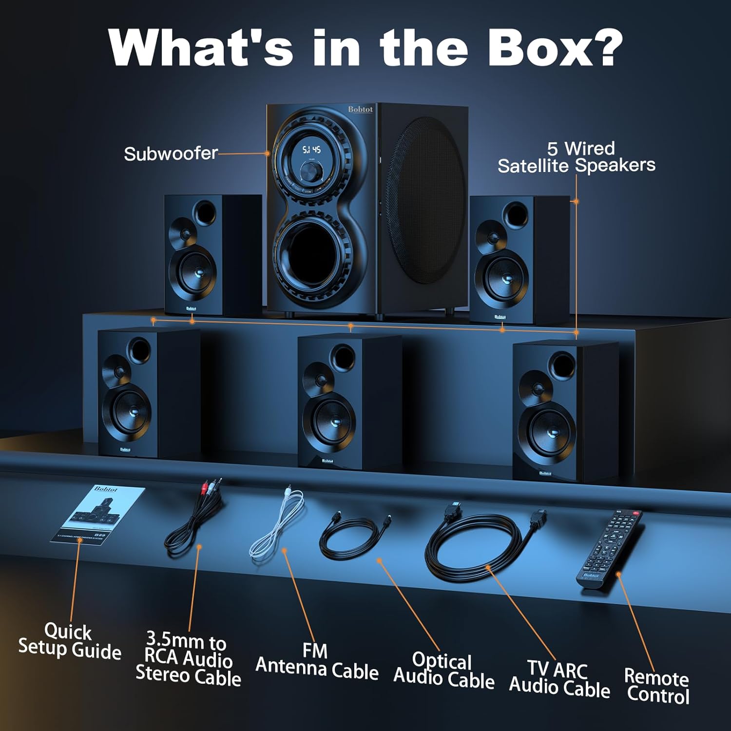 Bobtot Surround Sound Systems 1400 Watts Peak Power Home Theater Speakers - 12" Subwoofer Strong Bass 5.1 Wired Loud Stereo Audio System with Bluetooth HDMI ARC Optical Input for TV - Image 6