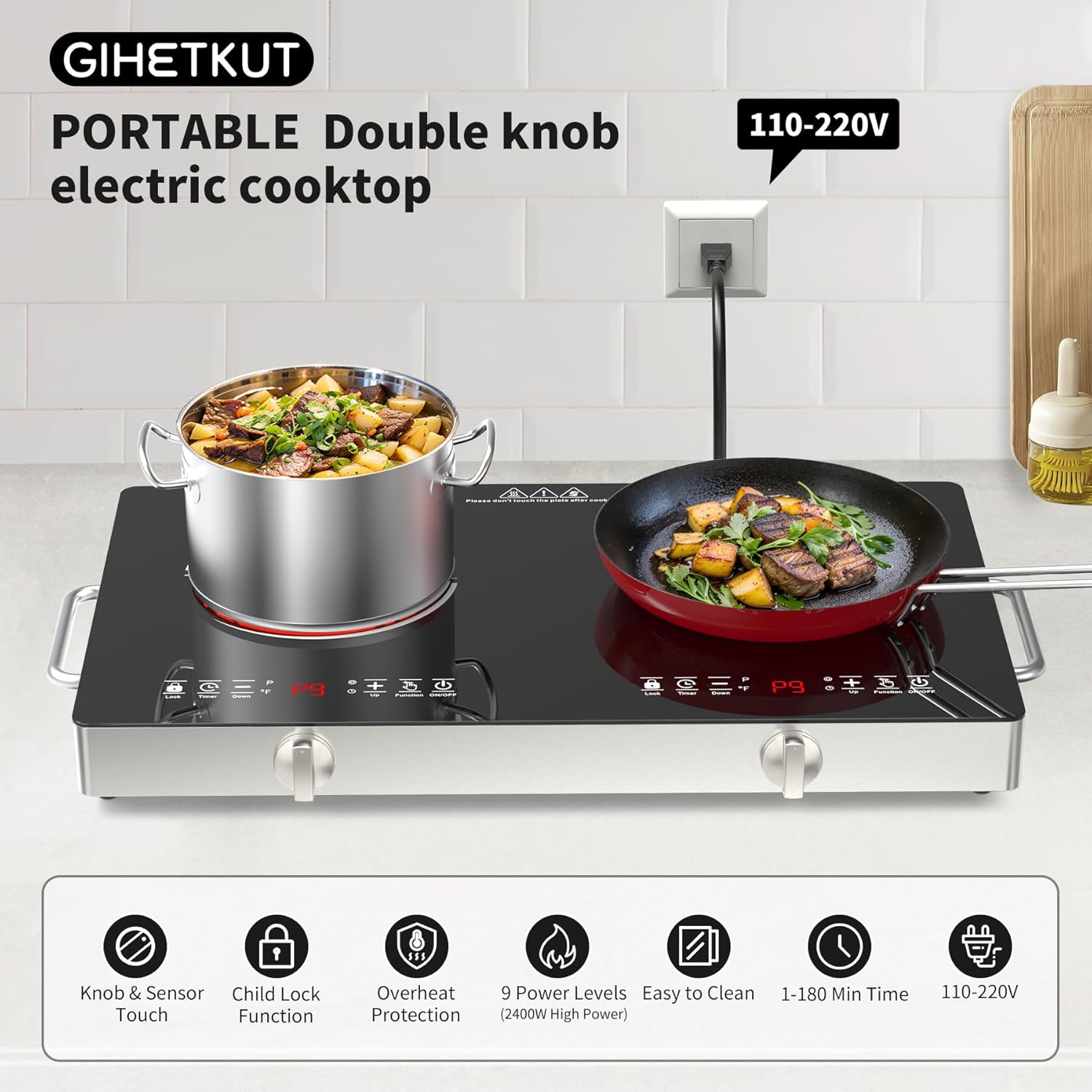 Electric Cooktop,110V 2400W Stove top, Countertop Cooktop with 9 Power Levels, LED Display,Child Safety Lock, Timer,Knob and Touch Control 2 burner Electric cooktop - Image 3