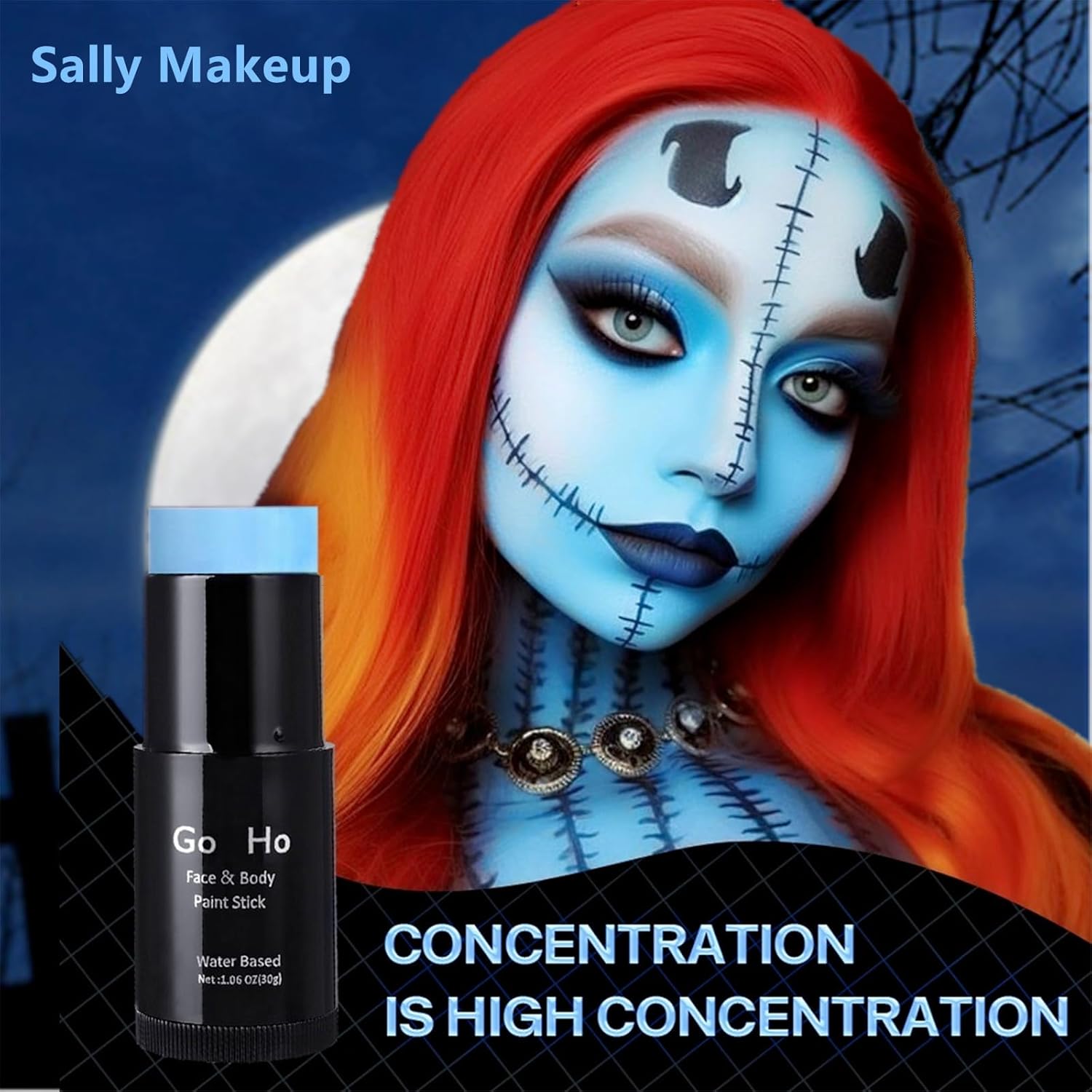 Go Ho Light Blue Face Body Paint Stick,Water Based Washable Pale Blue Face Paint Stick,Full-coverage Cream Blue Body Paint for Adults Children Halloween Cosplay SFX Ghost Bride Sally Makeup - Image 6