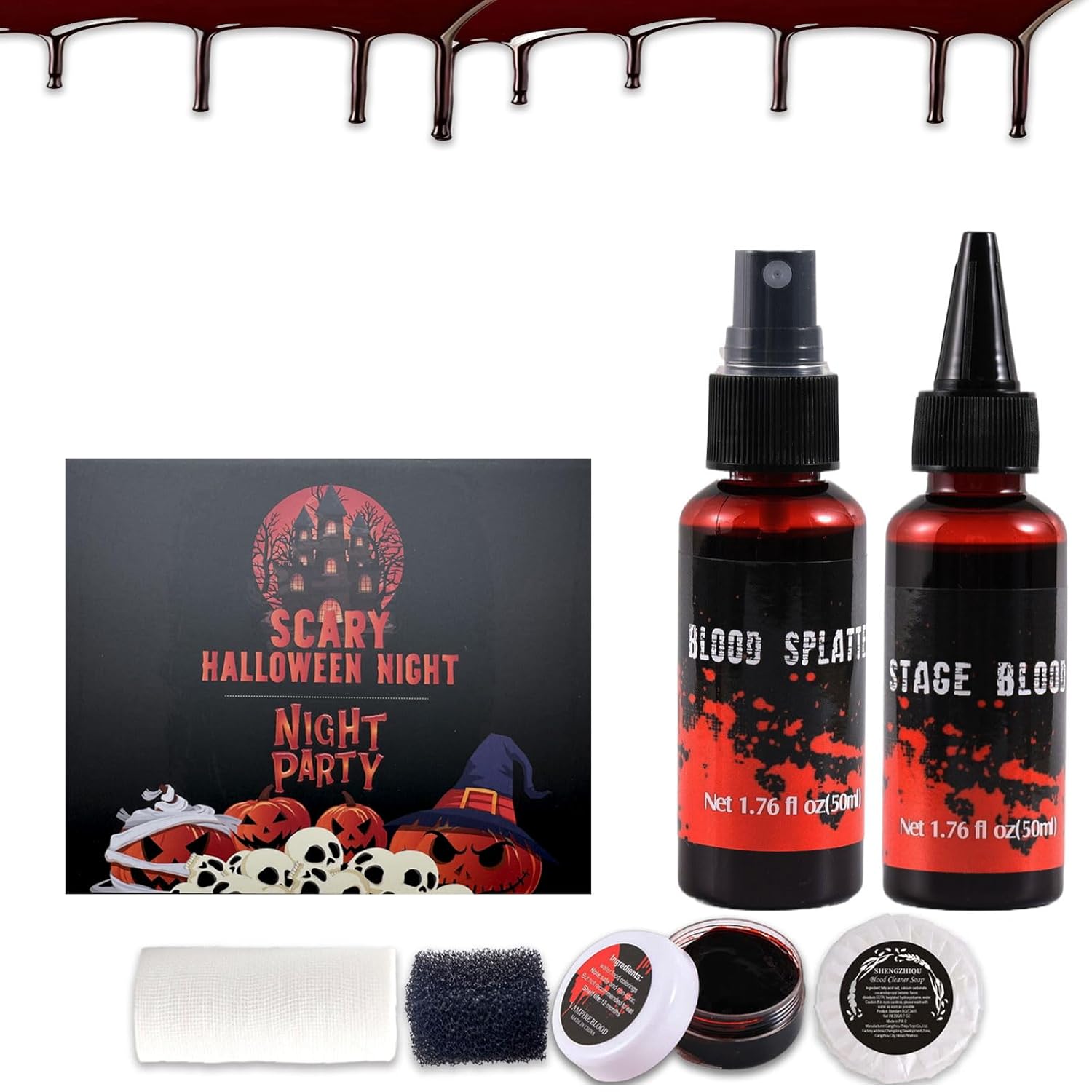 6PCS Halloween Fake Blood Makeup Kit,Washable for Scar Wound and Clothes Realistic Face Paint Wounds Costume Blood For Vampire, Zombie, Clown Cosplay Red,Stipple Sponge , Cleansing Soap and Gauze - Image 2