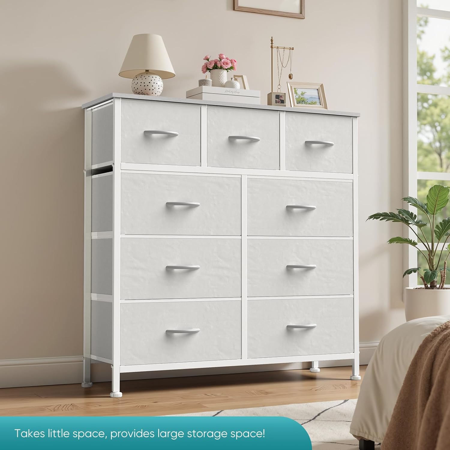 OLIXIS 9 Drawer Storage Dresser with Wood Top - Wide Fabric Chest Organizer for Bedroom, Closet, Living Room,Tower Cabinet, TV Stand, Hallway Entryway Furniture,Bright White - Image 7